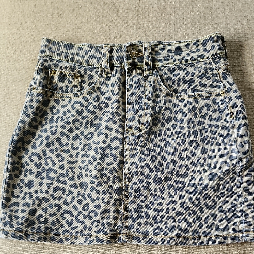 Leopard Print Denim Mini Skirt